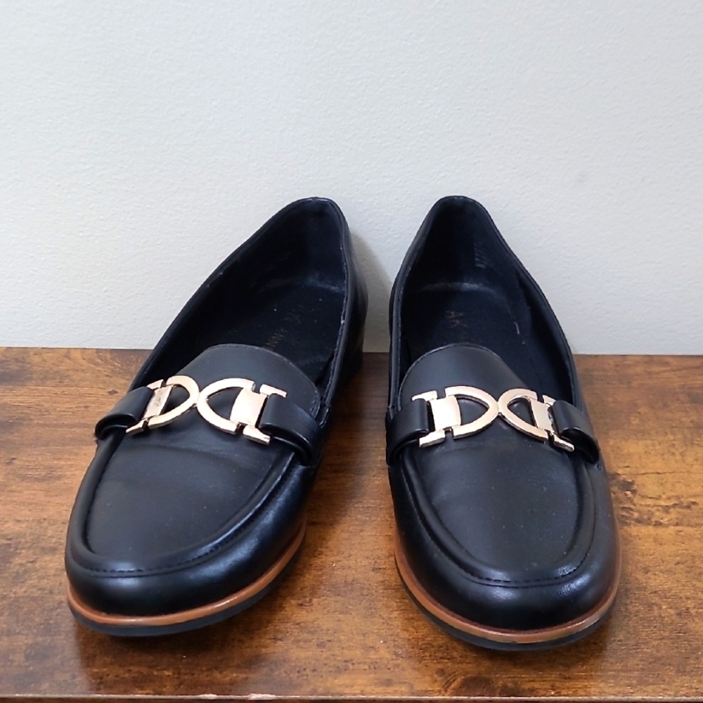 Anne Klein Black Loafers with Gold Detail with Logo size 7.5